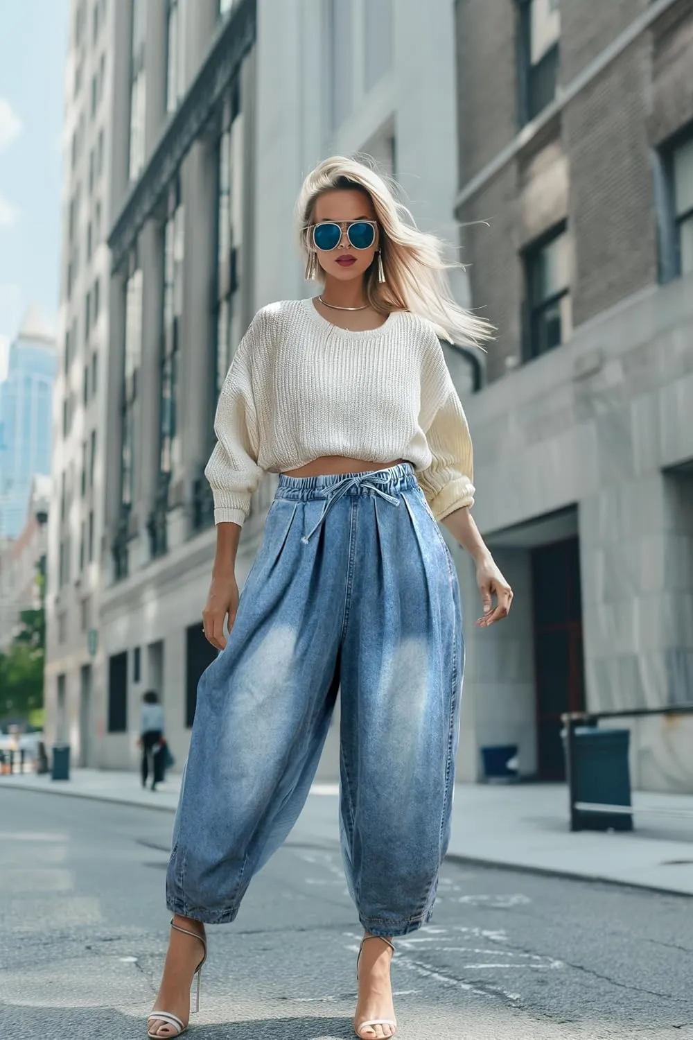 UQJE Women's Wide Leg Baggy Jeans Plus Size Loose Elastic Waist Denim Pants with Deep Pockets Light Blue