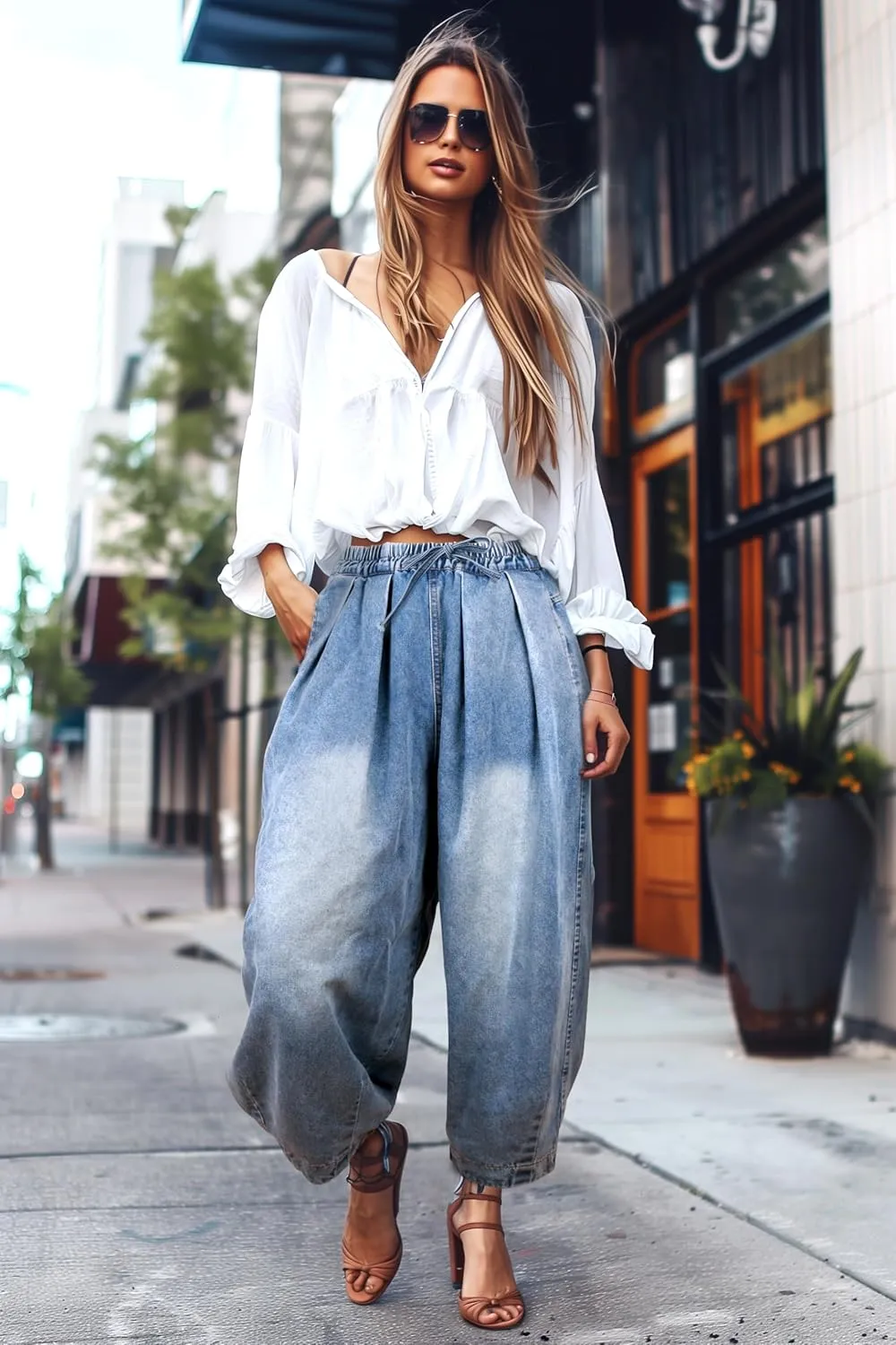 UQJE Women's Wide Leg Baggy Jeans Plus Size Loose Elastic Waist Denim Pants with Deep Pockets Light Blue
