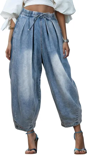 UQJE Women's Wide Leg Baggy Jeans Plus Size Loose Elastic Waist Denim Pants with Deep Pockets Light Blue