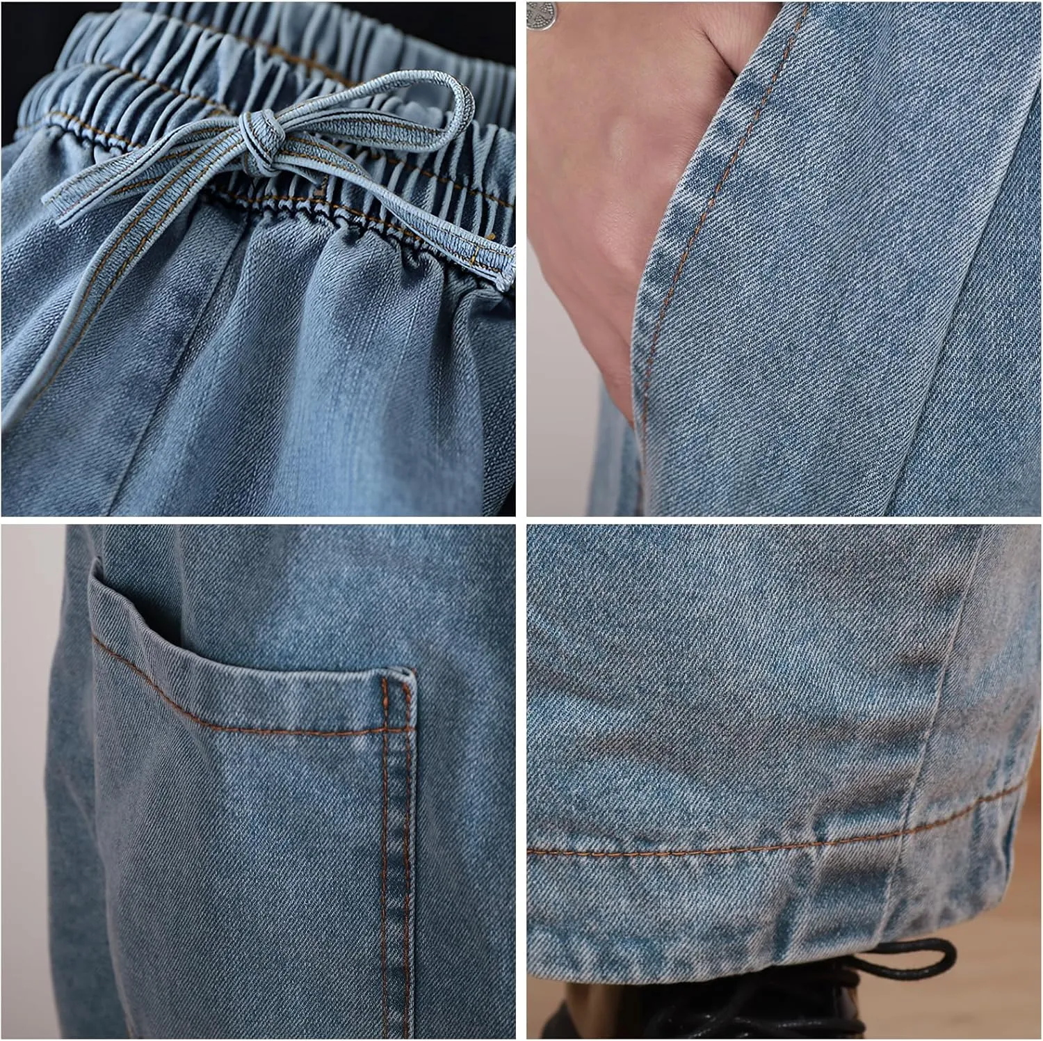 UQJE Women's Wide Leg Baggy Jeans Plus Size Loose Elastic Waist Denim Pants with Deep Pockets Light Blue