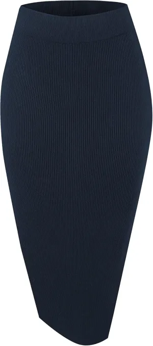 Urban CoCo Women's Elastic Waist Knitted Split Tube Pencil Midi Skirt
