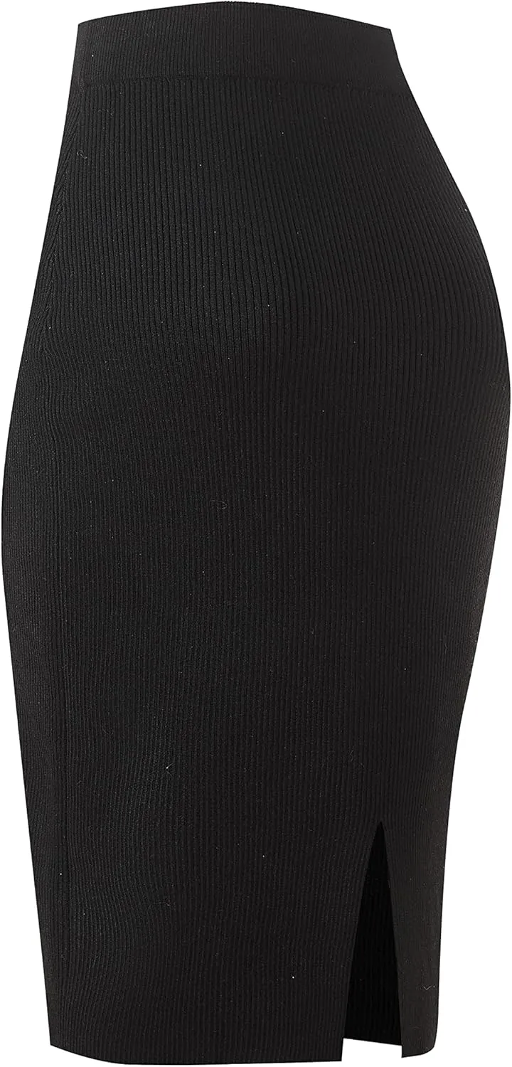Urban CoCo Women's Elastic Waist Knitted Split Tube Pencil Midi Skirt