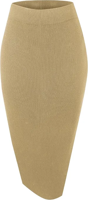 Urban CoCo Women's Elastic Waist Knitted Split Tube Pencil Midi Skirt