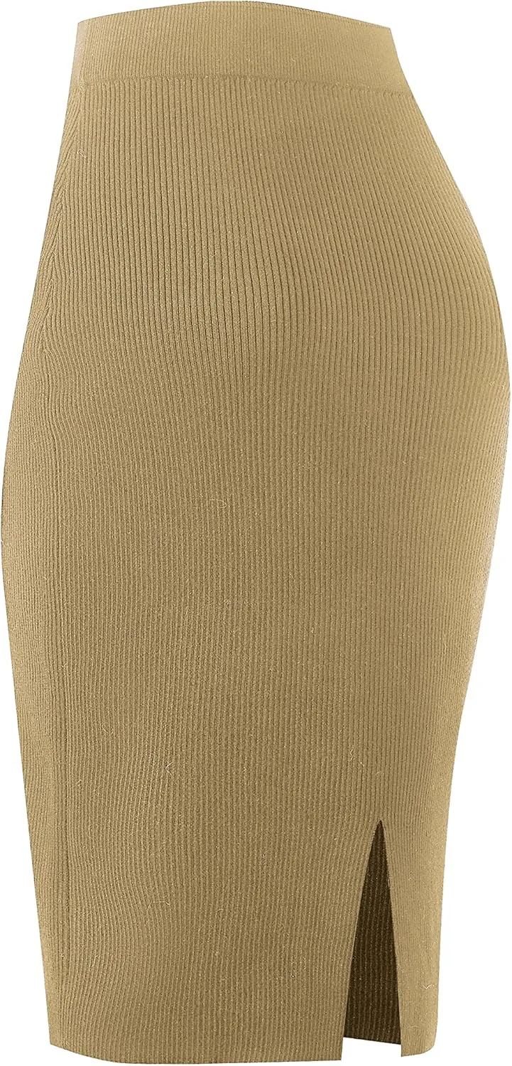 Urban CoCo Women's Elastic Waist Knitted Split Tube Pencil Midi Skirt