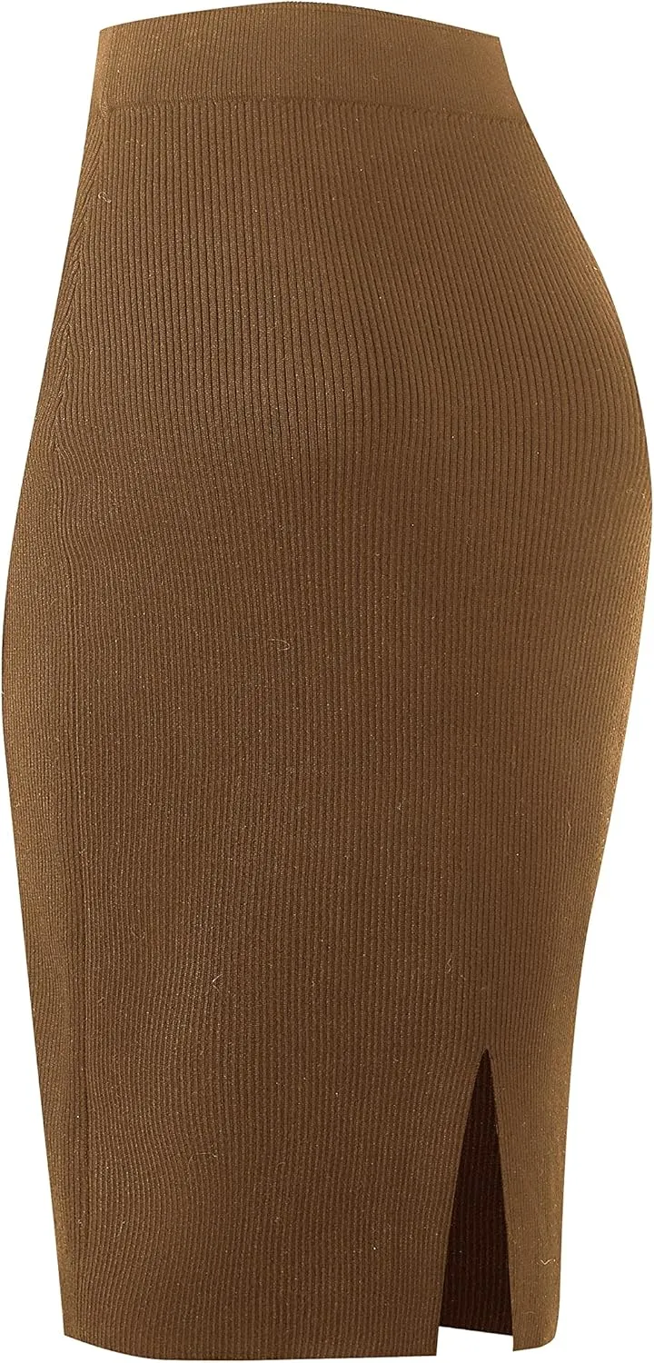 Urban CoCo Women's Elastic Waist Knitted Split Tube Pencil Midi Skirt