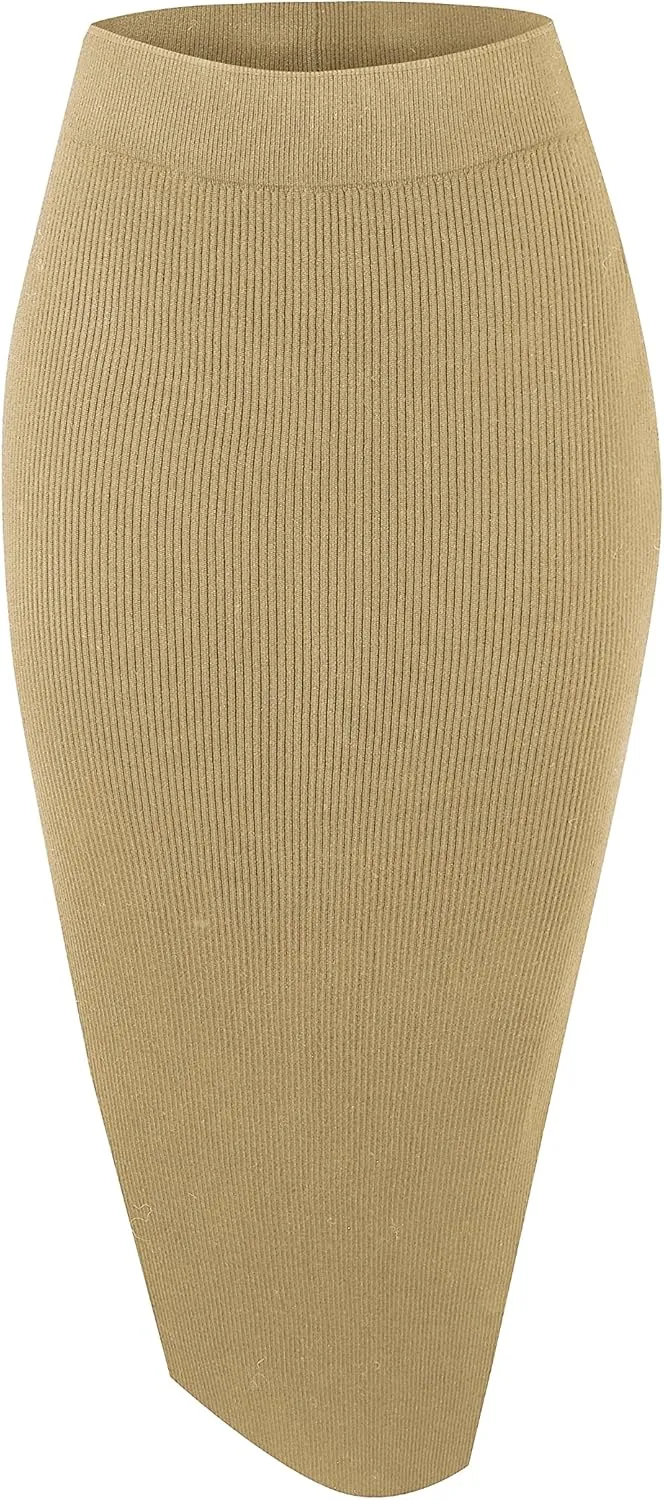 Urban CoCo Women's Elastic Waist Knitted Split Tube Pencil Midi Skirt