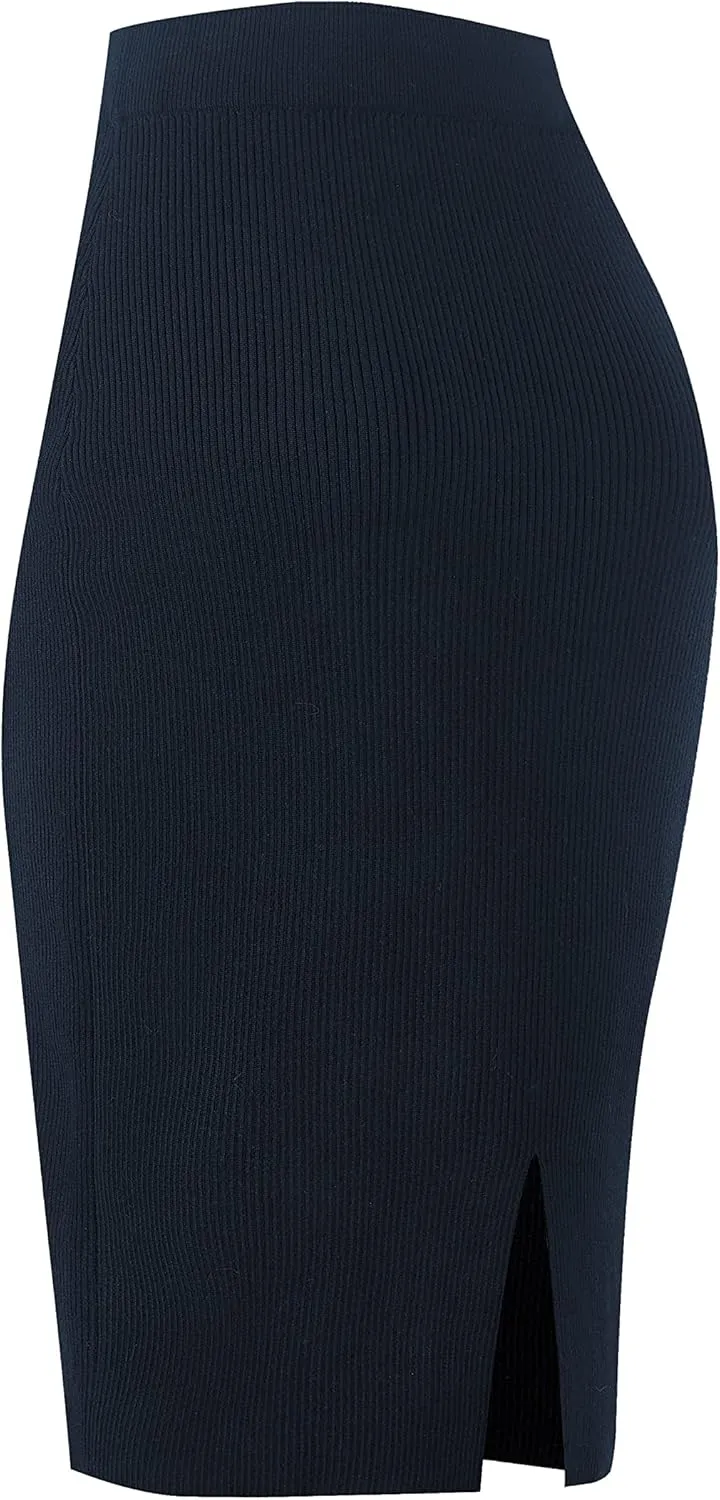 Urban CoCo Women's Elastic Waist Knitted Split Tube Pencil Midi Skirt