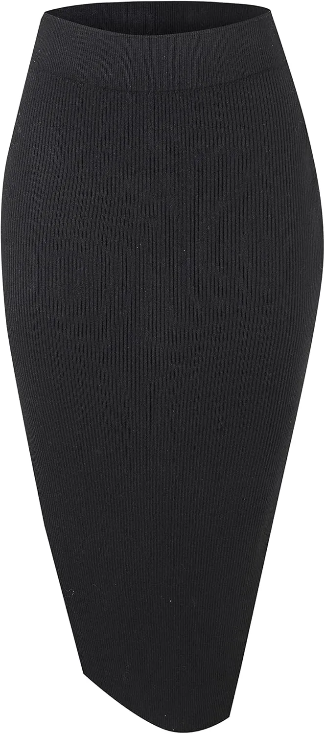 Urban CoCo Women's Elastic Waist Knitted Split Tube Pencil Midi Skirt