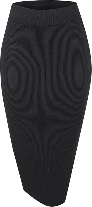 Urban CoCo Women's Elastic Waist Knitted Split Tube Pencil Midi Skirt