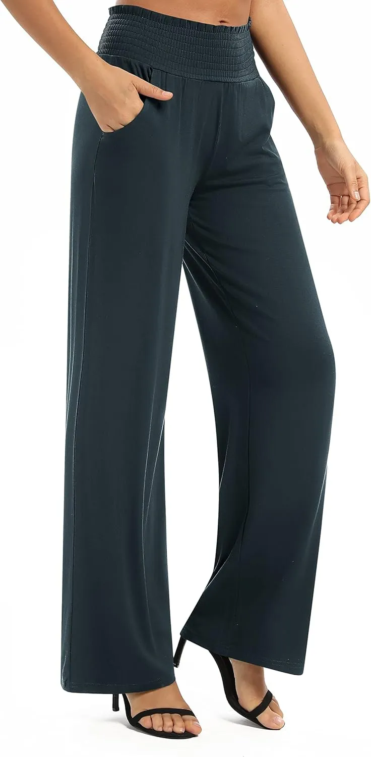 Urban CoCo Womens High Waist Flowy Palazzo Pants Elastic Waist Wide Leg Stretchy Straight Leg Dressy Casual Lounge Trousers