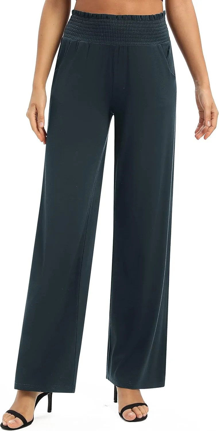 Urban CoCo Womens High Waist Flowy Palazzo Pants Elastic Waist Wide Leg Stretchy Straight Leg Dressy Casual Lounge Trousers