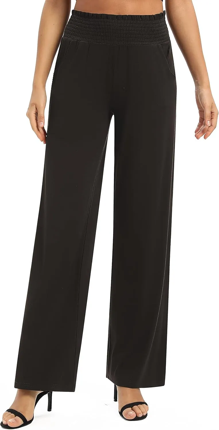 Urban CoCo Womens High Waist Flowy Palazzo Pants Elastic Waist Wide Leg Stretchy Straight Leg Dressy Casual Lounge Trousers