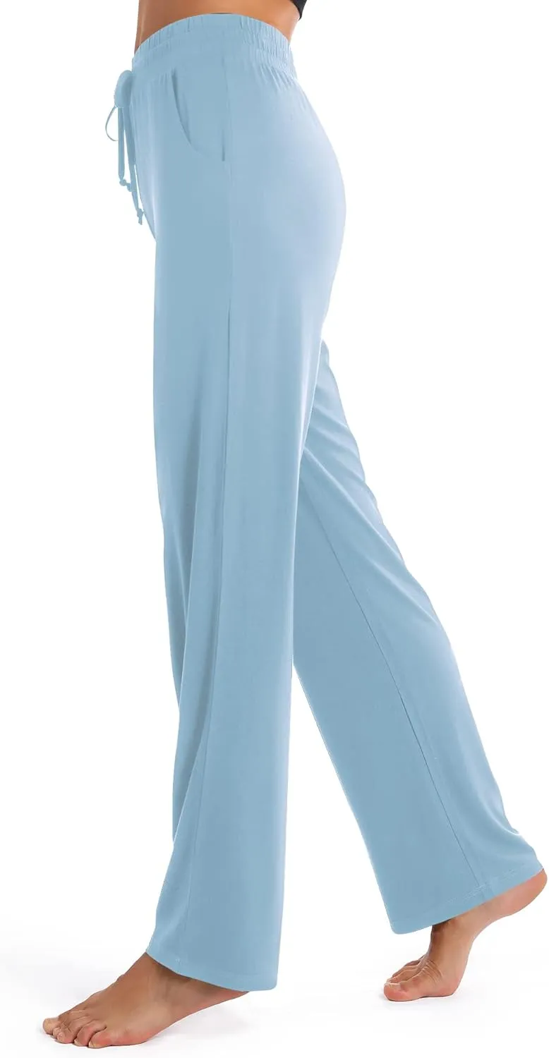 Urban CoCo Women's Straight Leg Long Pants Elastic High Waist Drawstring Casual Trousers with Pockets