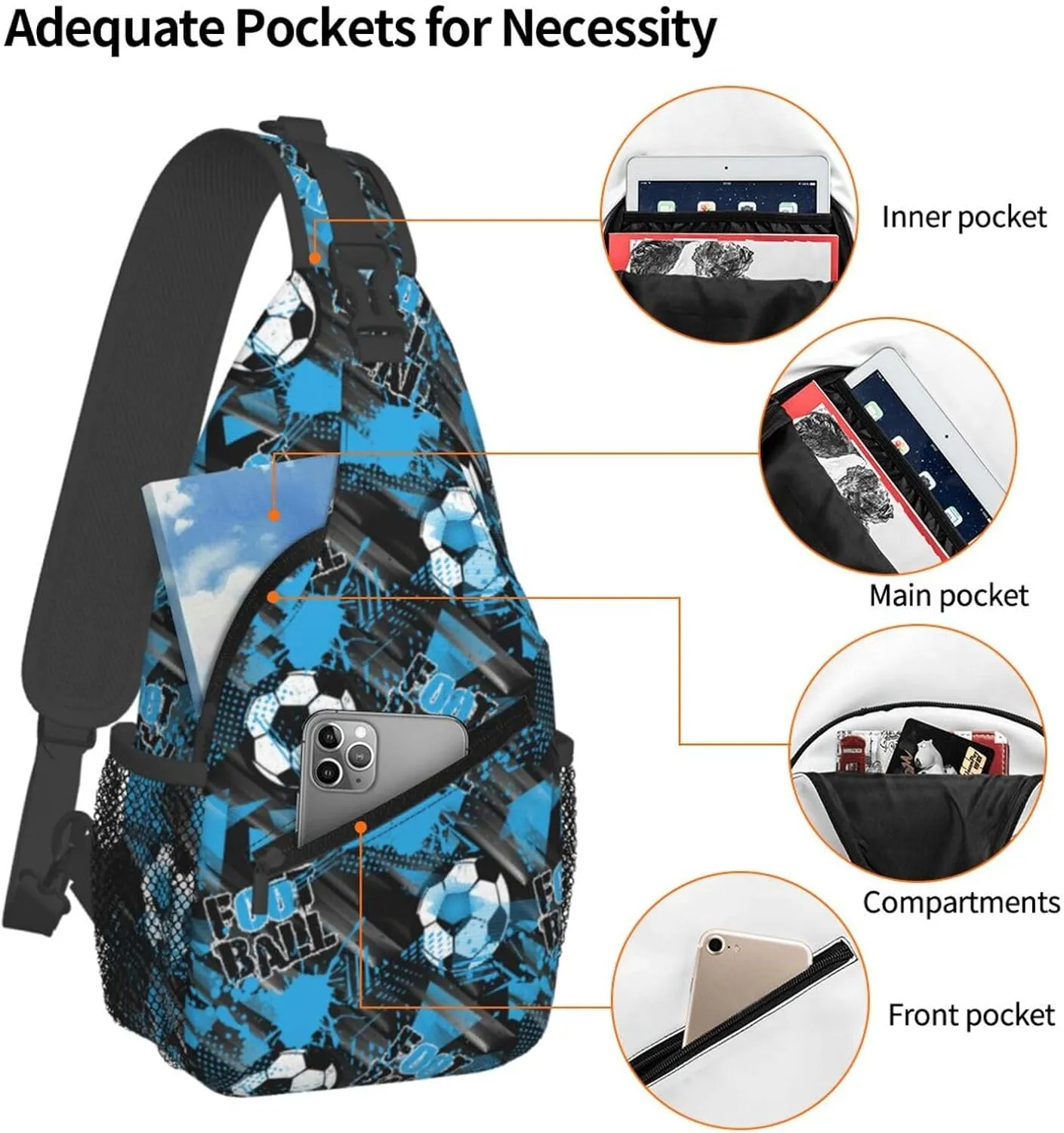 Urban Football Blue Splash Chest Sling Bag Crossbody Shoulder Backpack Bag Gym Cycling Travel Hiking Daypack Cross Bag