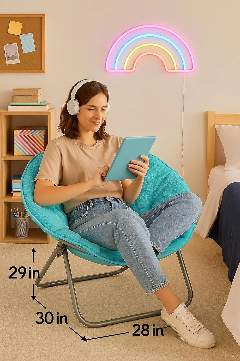 Urban Lifestyle Super Soft Faux Fur Saucer Chair with Folding Metal Frame, Aqua