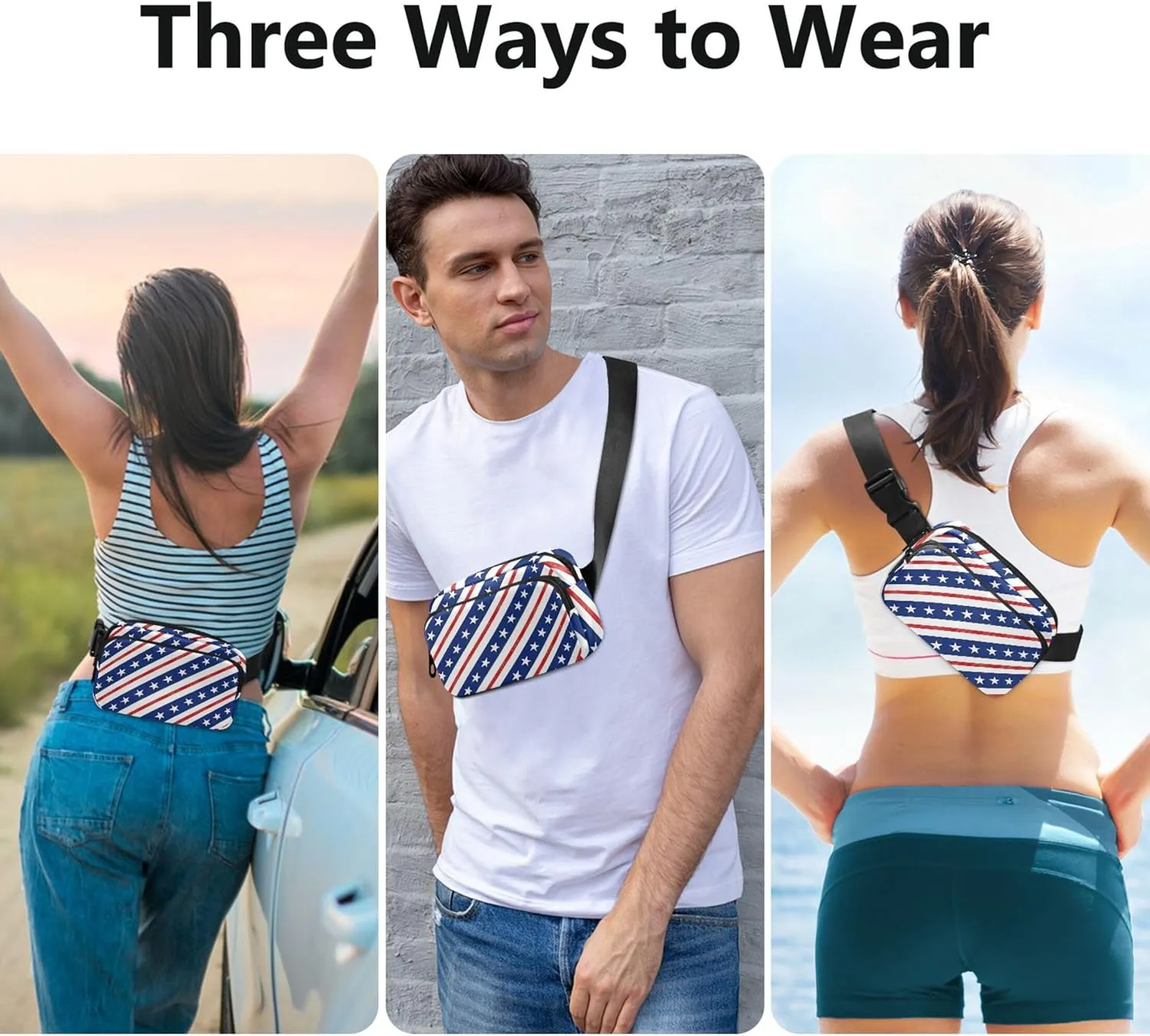 Usa American Flag Bias Womens Fanny Pack Pattern Large Hip Belt Bag Waterproof Waist Pouch for Women
