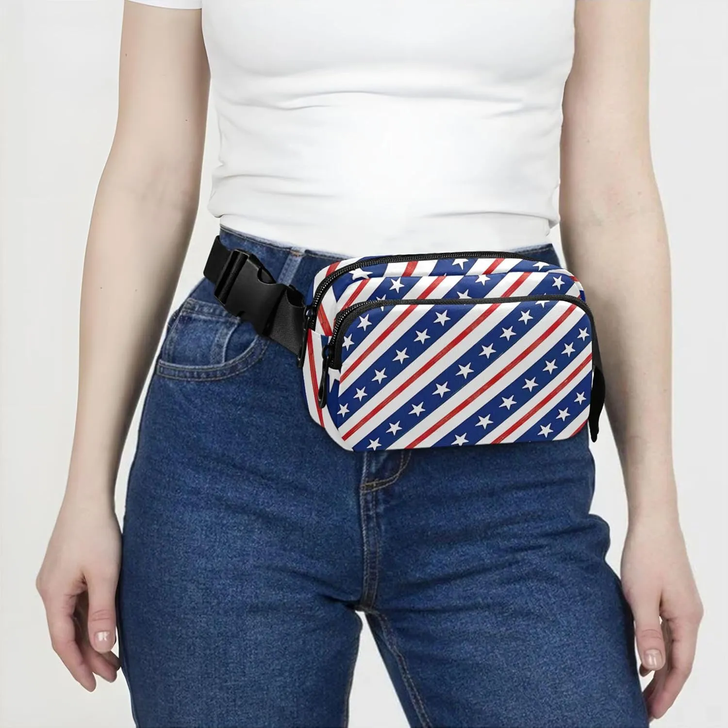 Usa American Flag Bias Womens Fanny Pack Pattern Large Hip Belt Bag Waterproof Waist Pouch for Women