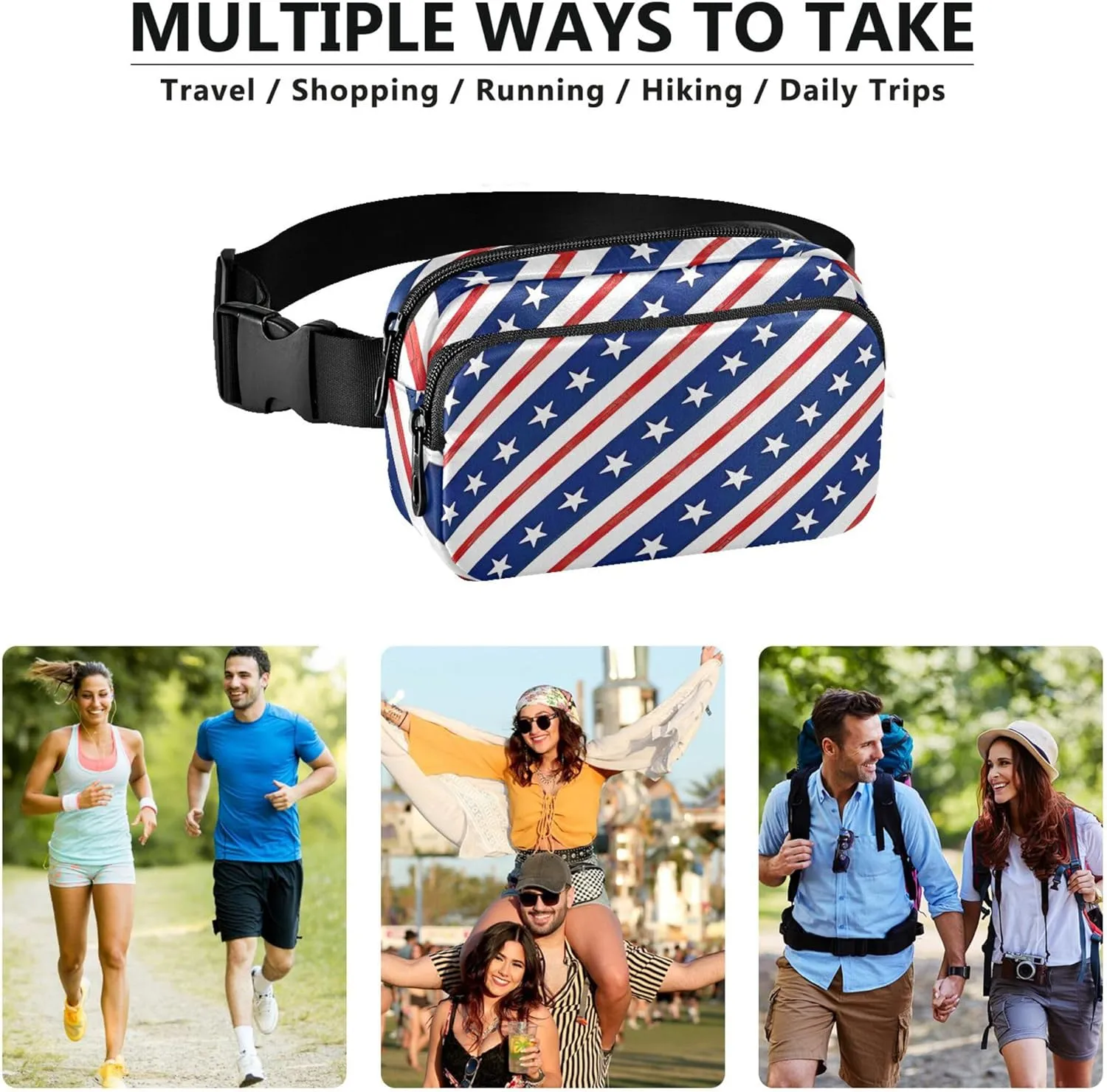 Usa American Flag Bias Womens Fanny Pack Pattern Large Hip Belt Bag Waterproof Waist Pouch for Women