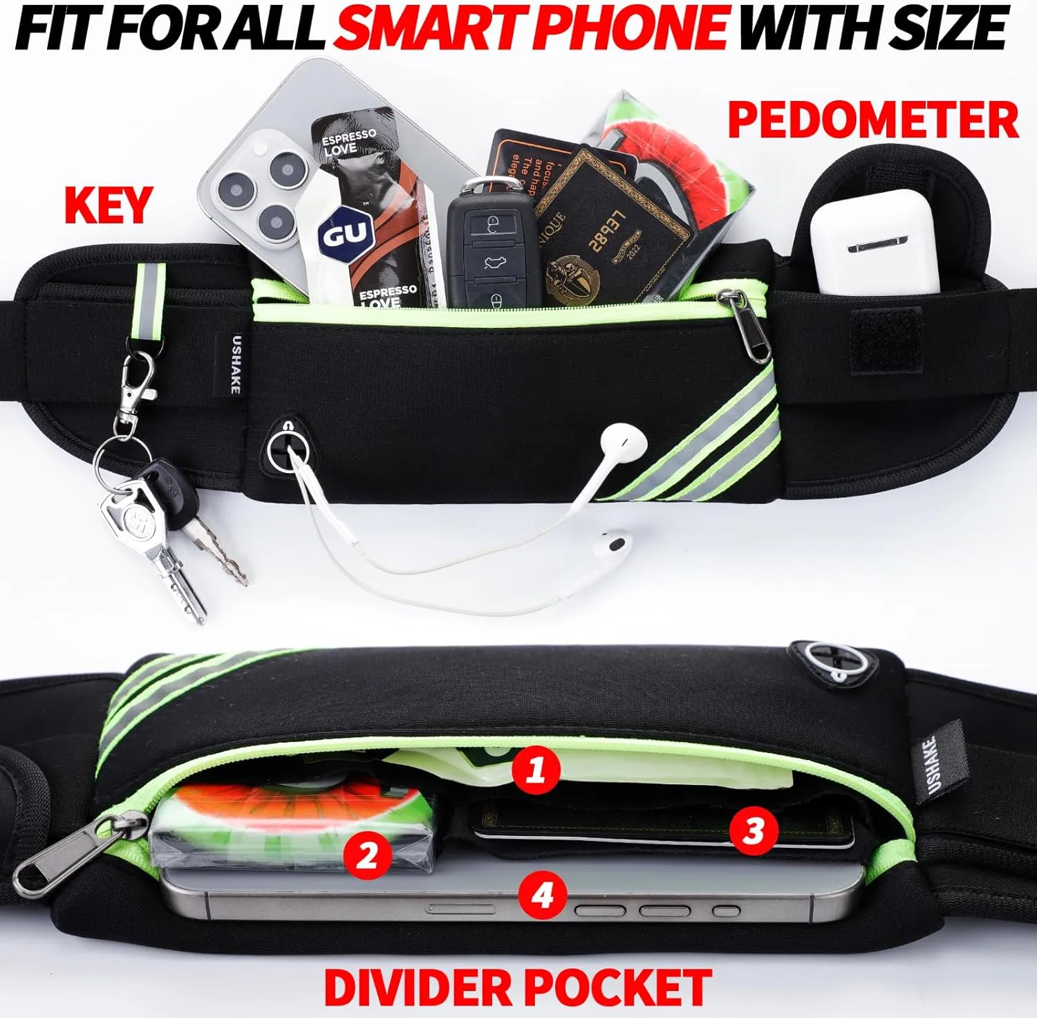 USHAKE Running Belt with Bounce-Free Pouch for iPhone and Samsung Galaxy - Ideal for Running, Walking, Cycling, and Gym Workouts