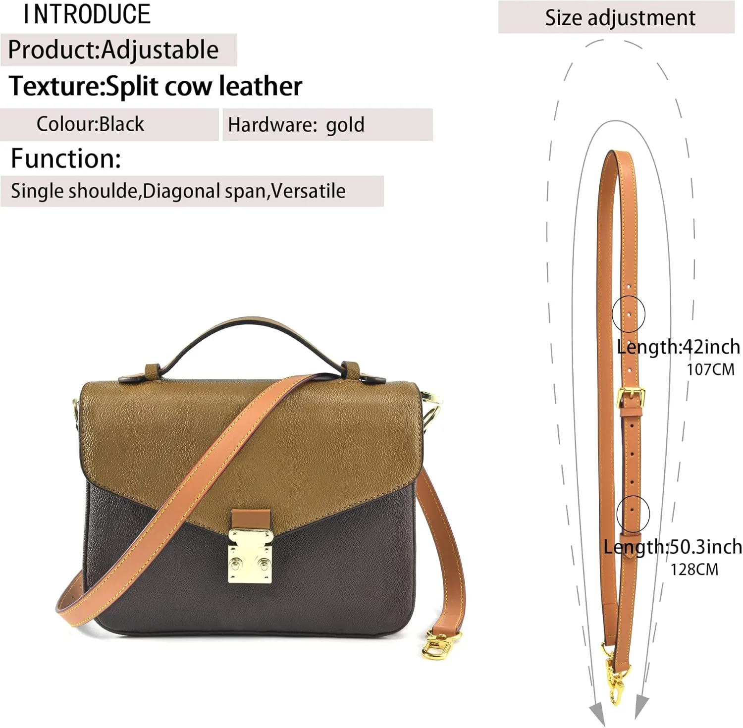 Vachetta Leather Adjustable Crossbody Strap for Women's Crossbody Handbags