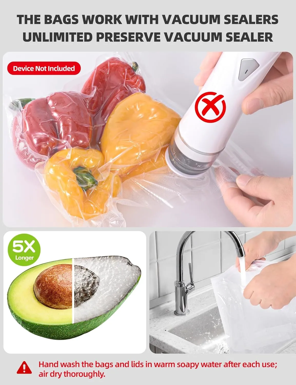Vacuum Sealer Bags, Reusable Vacuum Zipper Bag, BPA Free Heavy Duty Vacuum Storage Bag for Food, Small Size 15 Bags