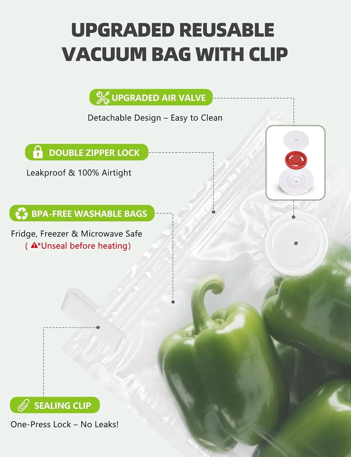 Vacuum Sealer Bags, Reusable Vacuum Zipper Bag, BPA Free Heavy Duty Vacuum Storage Bag for Food, Small Size 15 Bags