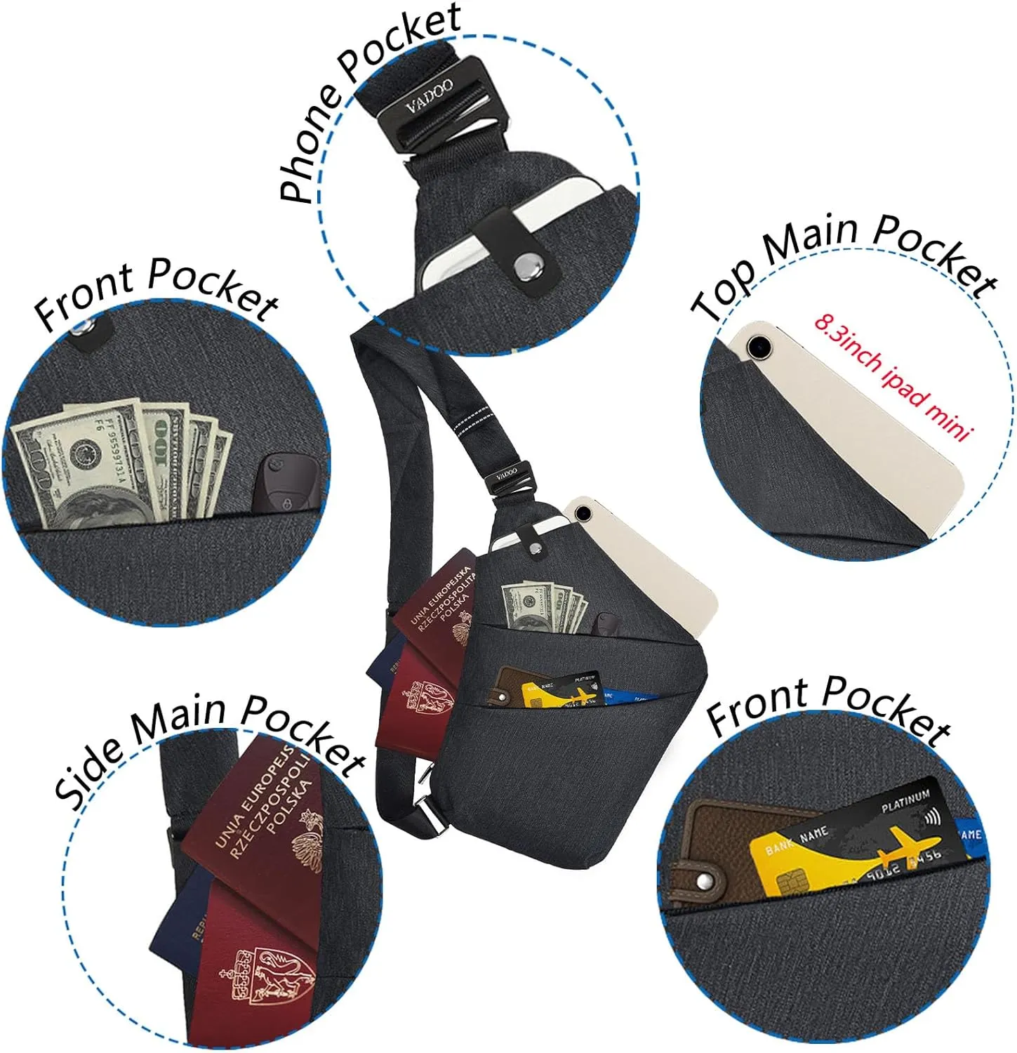 VADOO Anti-theft Crossbody Bags for Women, Shoulder Sling Bag for Men Lightweight Chest Bag for Travel Sport