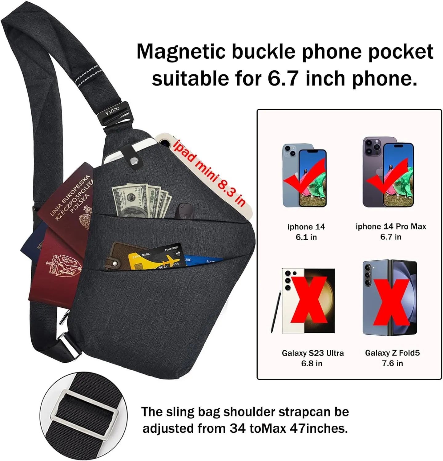VADOO Anti-theft Crossbody Bags for Women, Shoulder Sling Bag for Men Lightweight Chest Bag for Travel Sport
