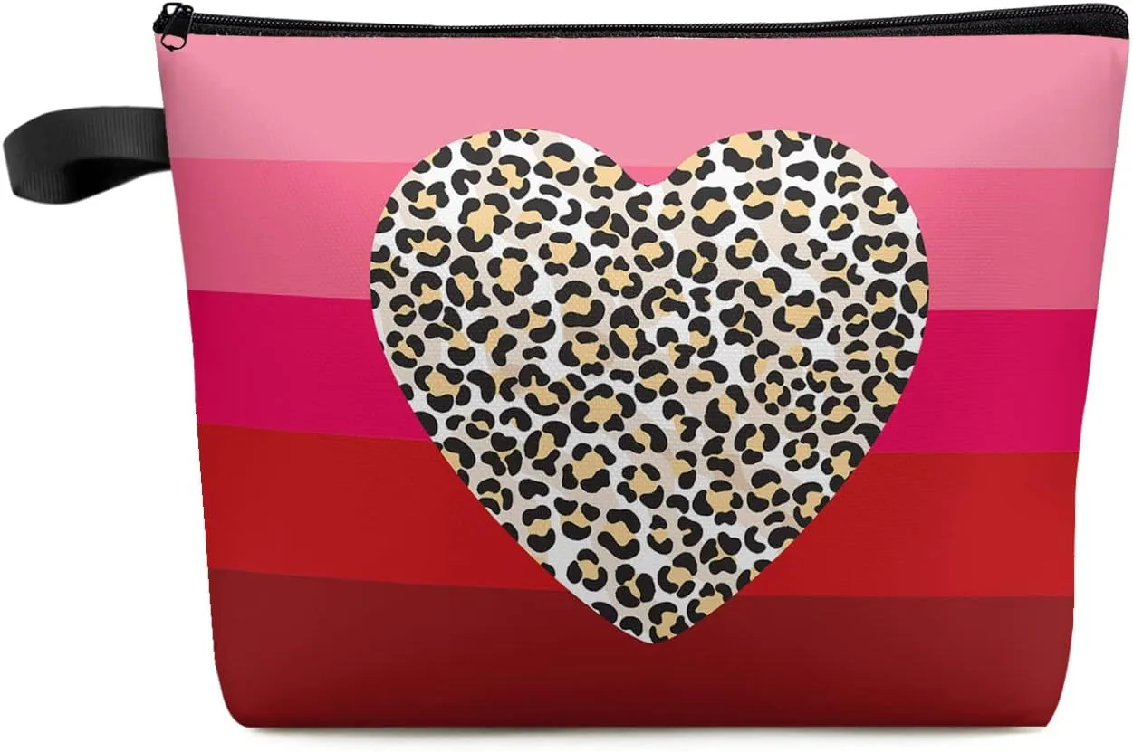 Valentines Cosmetic Bags for Women, Leopard Love Pink Gradual Stripe Small Makeup Bag for Purse, Waterproof Travel Toiletry Bag Accessories Organizer, 1PCS