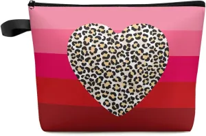 Valentines Cosmetic Bags for Women, Leopard Love Pink Gradual Stripe Small Makeup Bag for Purse, Waterproof Travel Toiletry Bag Accessories Organizer, 1PCS