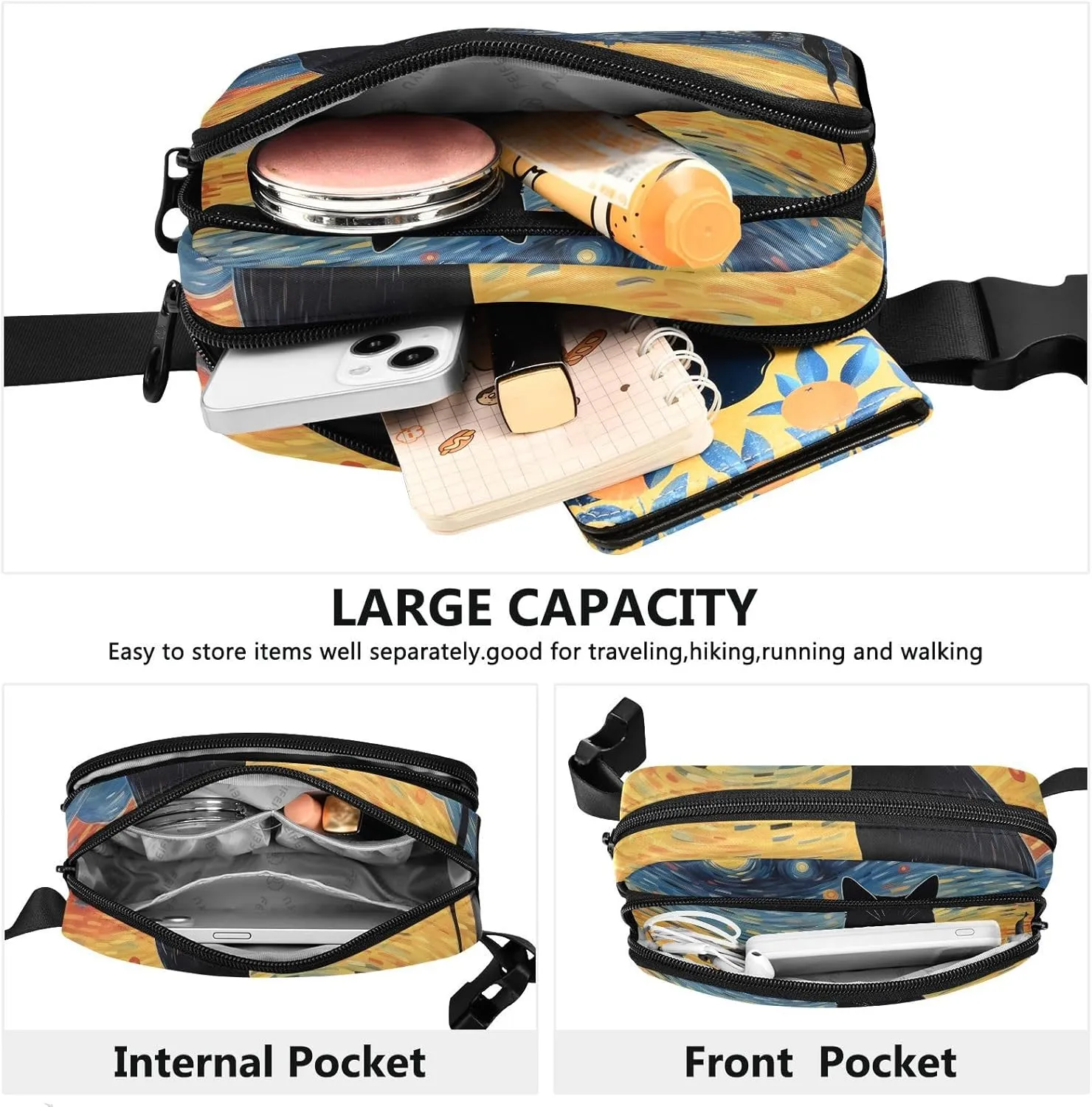 Van Gogh Starry Sky Cat Fanny Packs for Women & Men - Belt Bag & Crossbody - Running & Waist Pack - 21340169