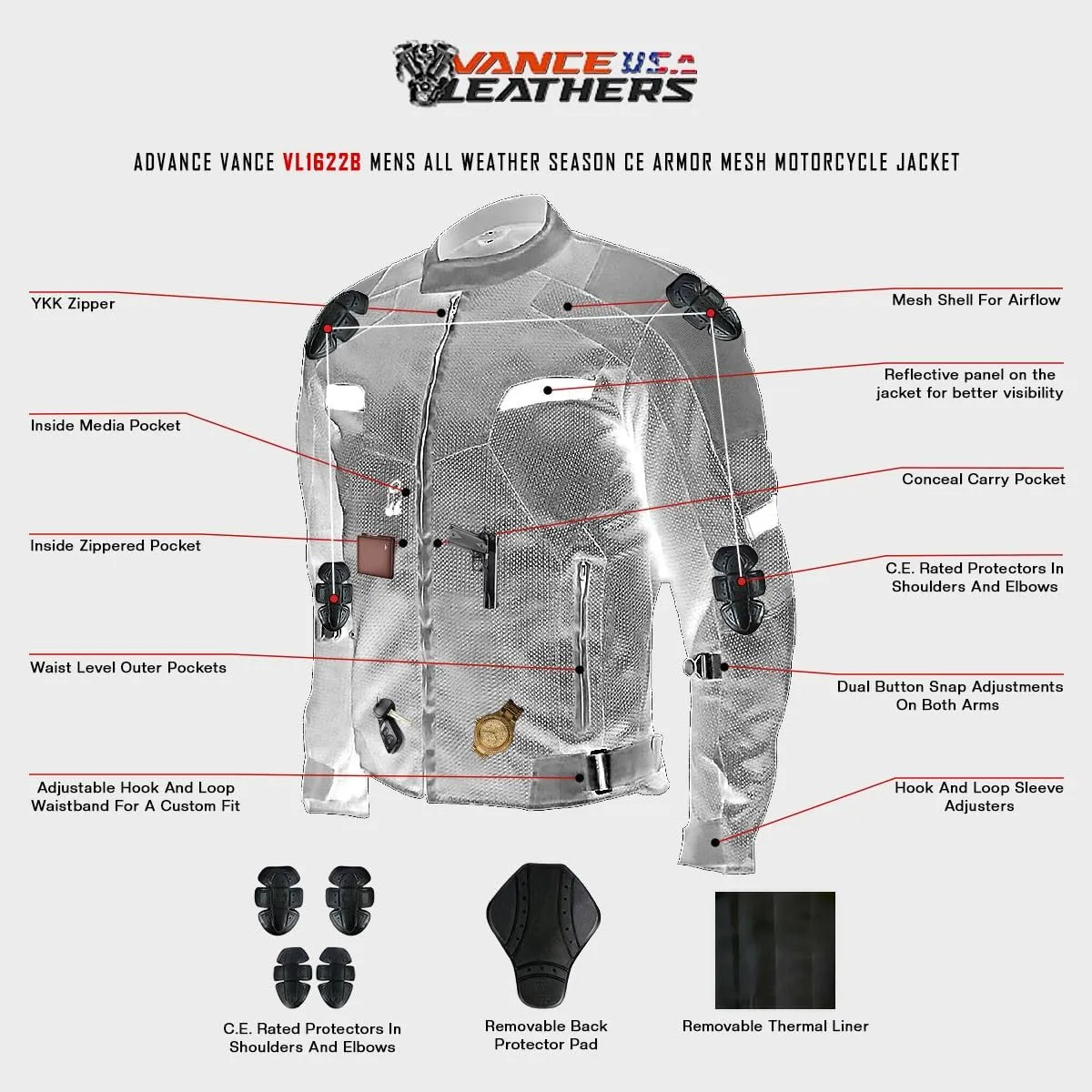 Vance Leather Mens All-Season Reflective Mesh & Textile Motorcycle Jacket w/CE Armor & Removable Liner