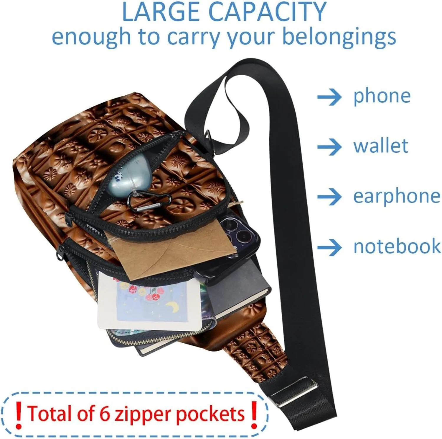 Various chocolate (4) Sling Bag for Women Men Backpack Fanny Pack Crossbody Chest Travel Shoulder Belt Bags Purse Handbag
