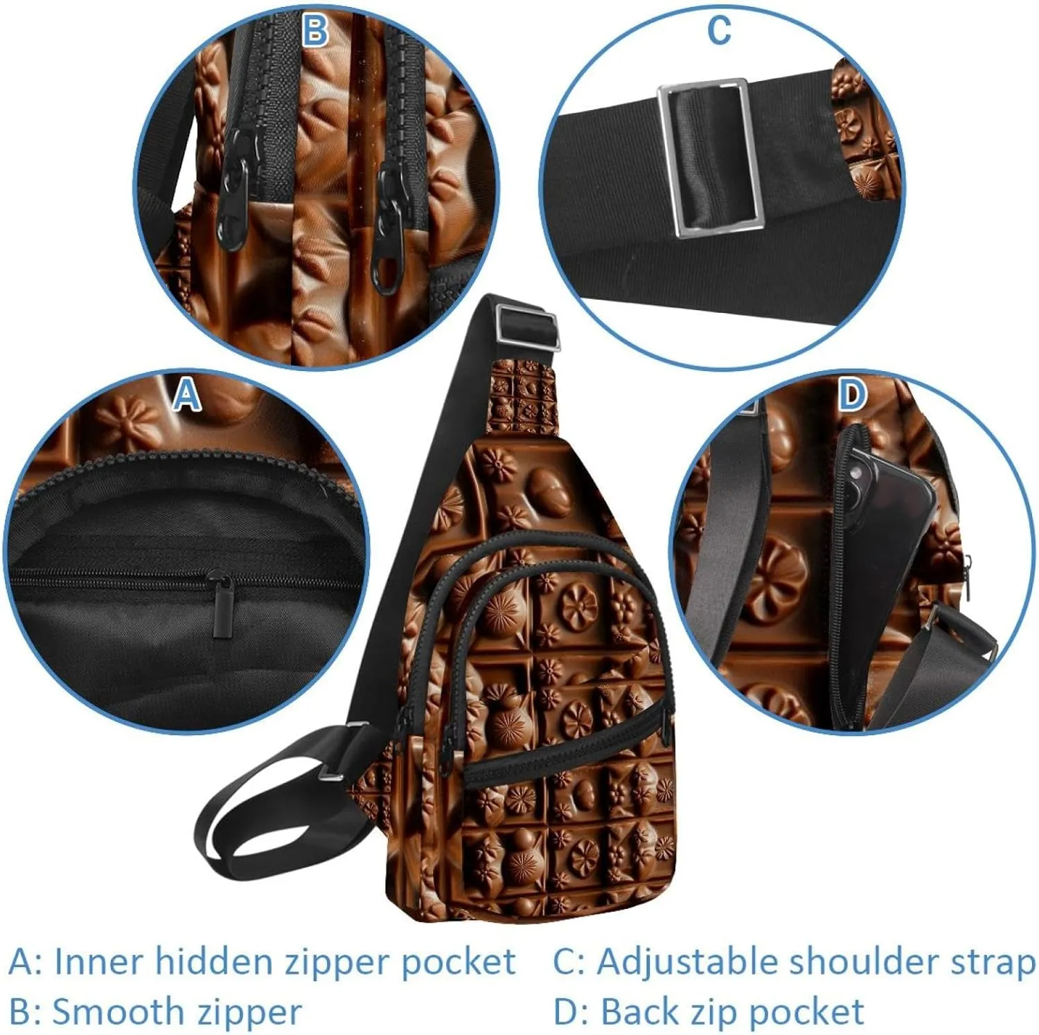 Various chocolate (4) Sling Bag for Women Men Backpack Fanny Pack Crossbody Chest Travel Shoulder Belt Bags Purse Handbag