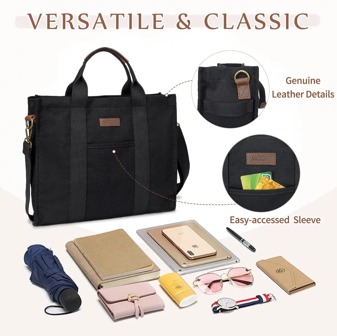 VASCHY Canvas Tote bag, Casual Reusable Work Totes for Women Teachers with Zippers Pockets Crossbody Shoulder Bag Purse