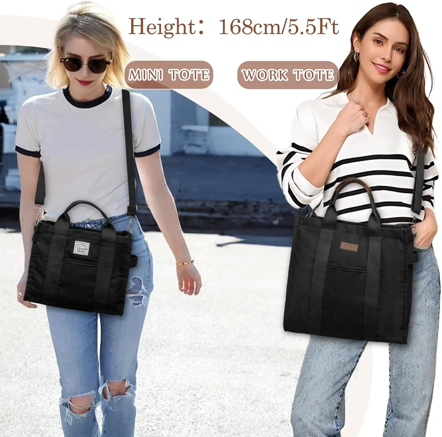 VASCHY Canvas Tote bag, Casual Reusable Work Totes for Women Teachers with Zippers Pockets Crossbody Shoulder Bag Purse