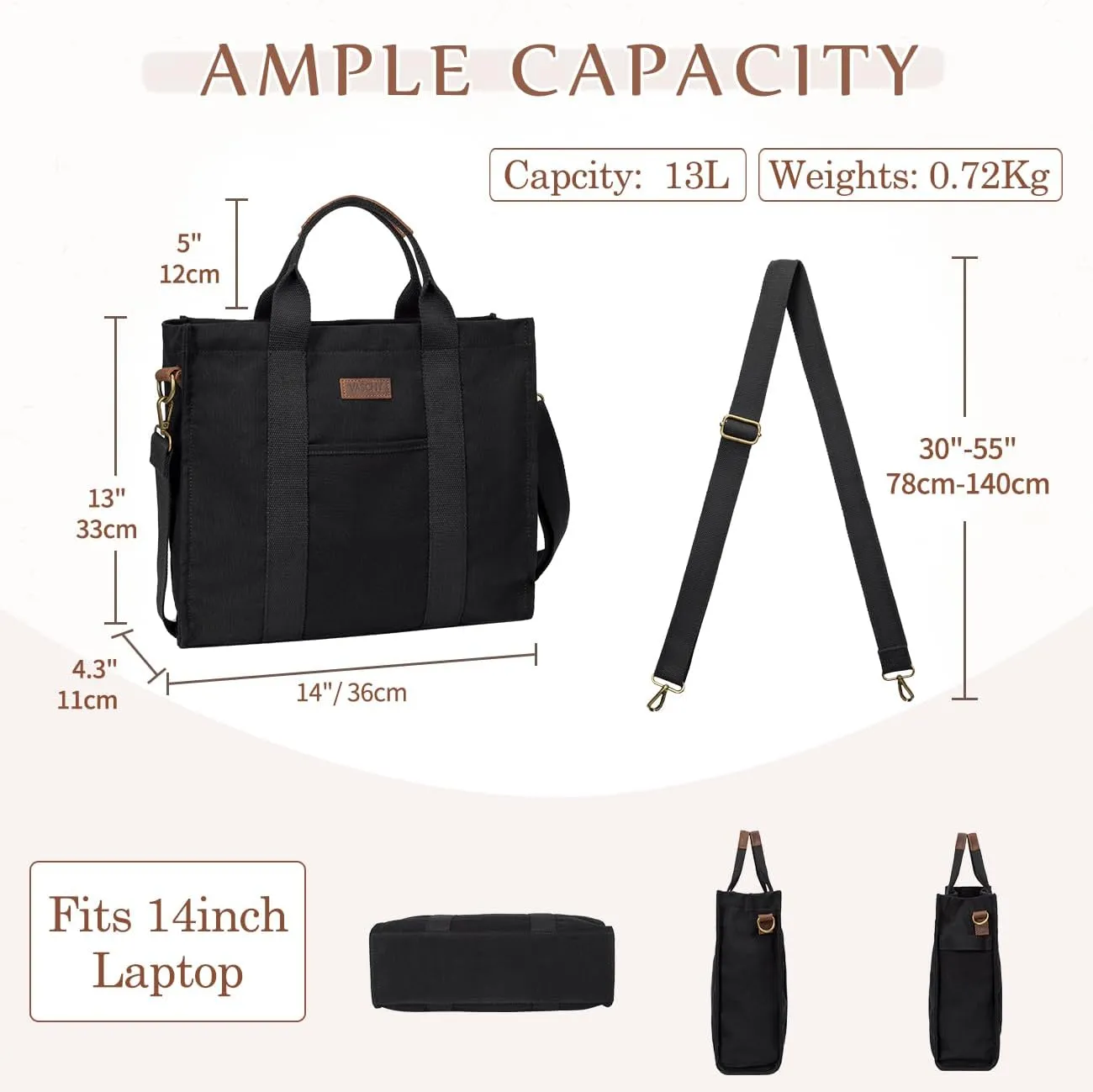 VASCHY Canvas Tote bag, Casual Reusable Work Totes for Women Teachers with Zippers Pockets Crossbody Shoulder Bag Purse