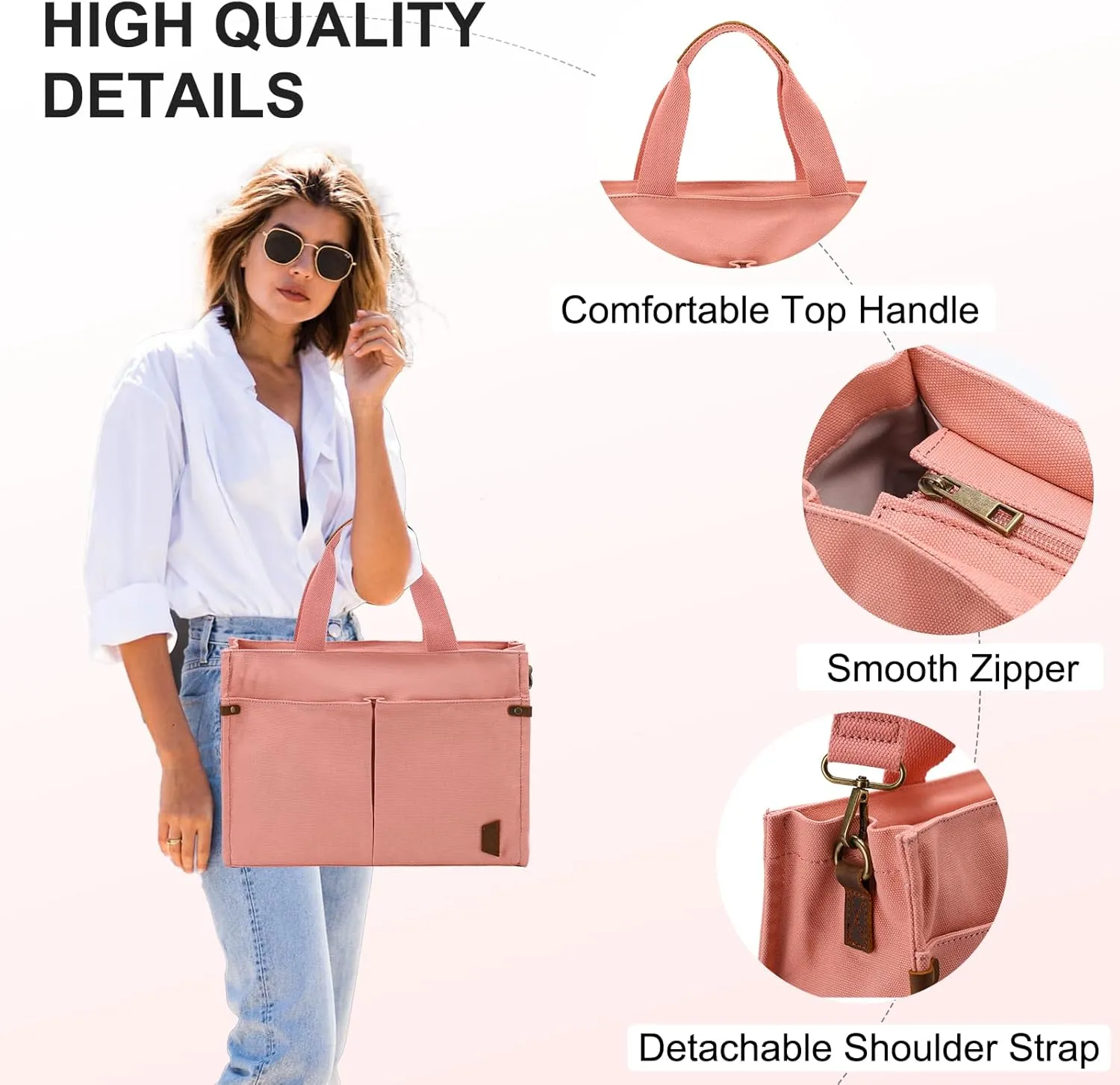 VASCHY Canvas Tote Bag for Women, Casual Sturdy Work Satchel Teachers Tote Purse with Zippers Pockets Crossbody Shoulder Bag