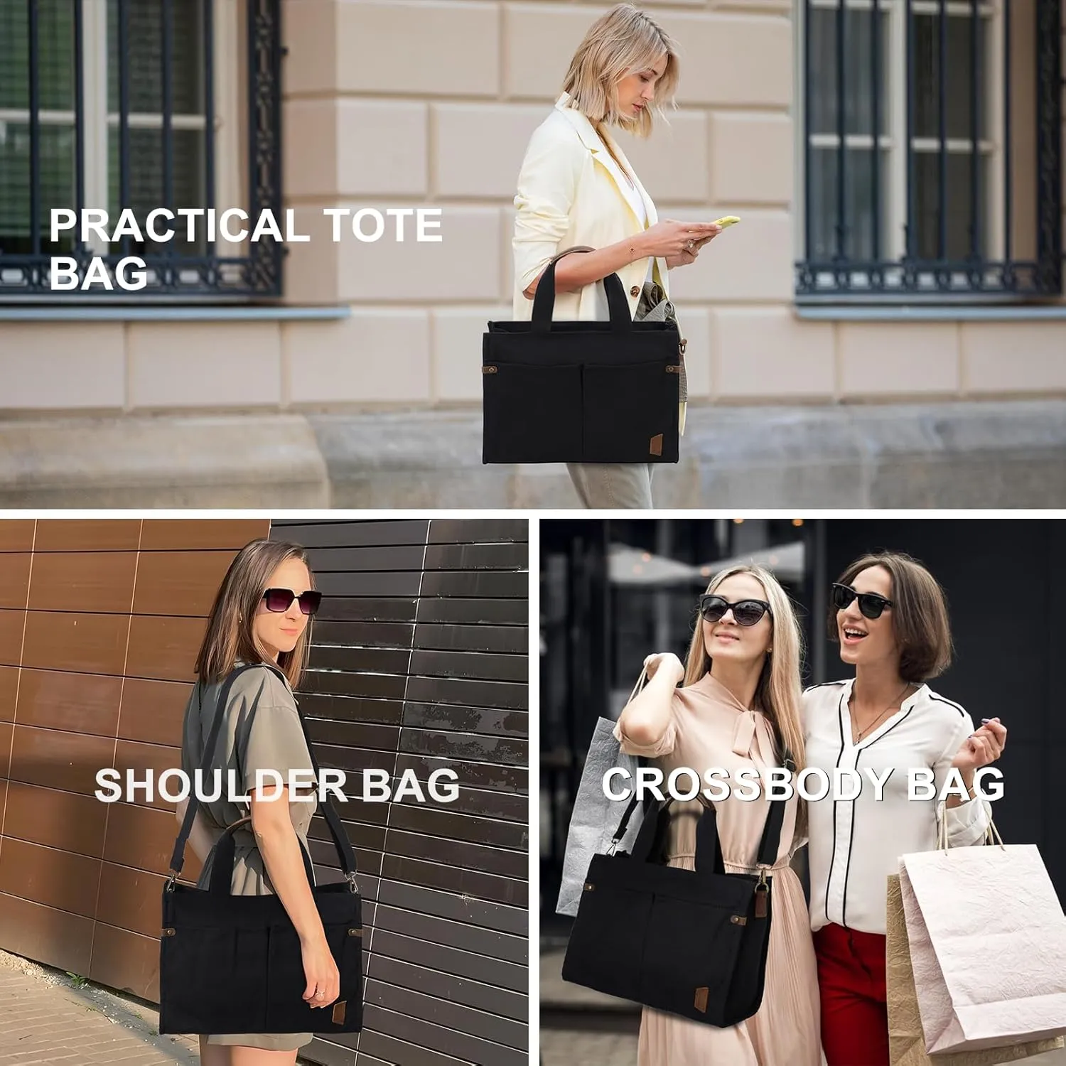 VASCHY Canvas Tote Bag for Women, Casual Sturdy Work Satchel Teachers Tote Purse with Zippers Pockets Crossbody Shoulder Bag