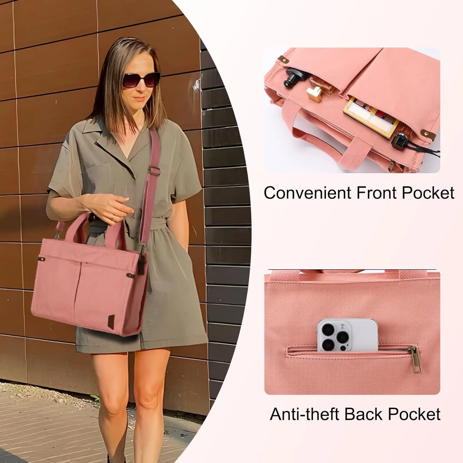 VASCHY Canvas Tote Bag for Women, Casual Sturdy Work Satchel Teachers Tote Purse with Zippers Pockets Crossbody Shoulder Bag