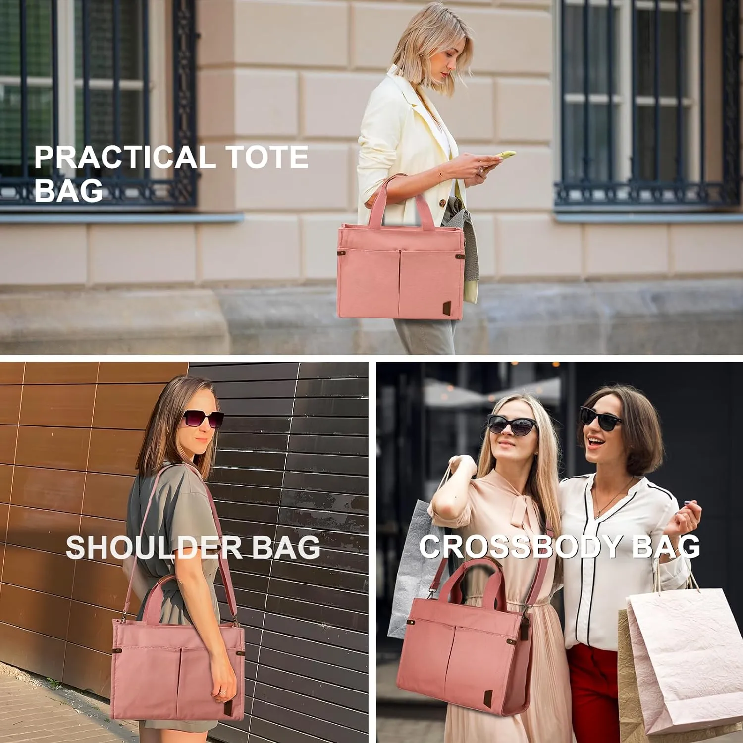 VASCHY Canvas Tote Bag for Women, Casual Sturdy Work Satchel Teachers Tote Purse with Zippers Pockets Crossbody Shoulder Bag