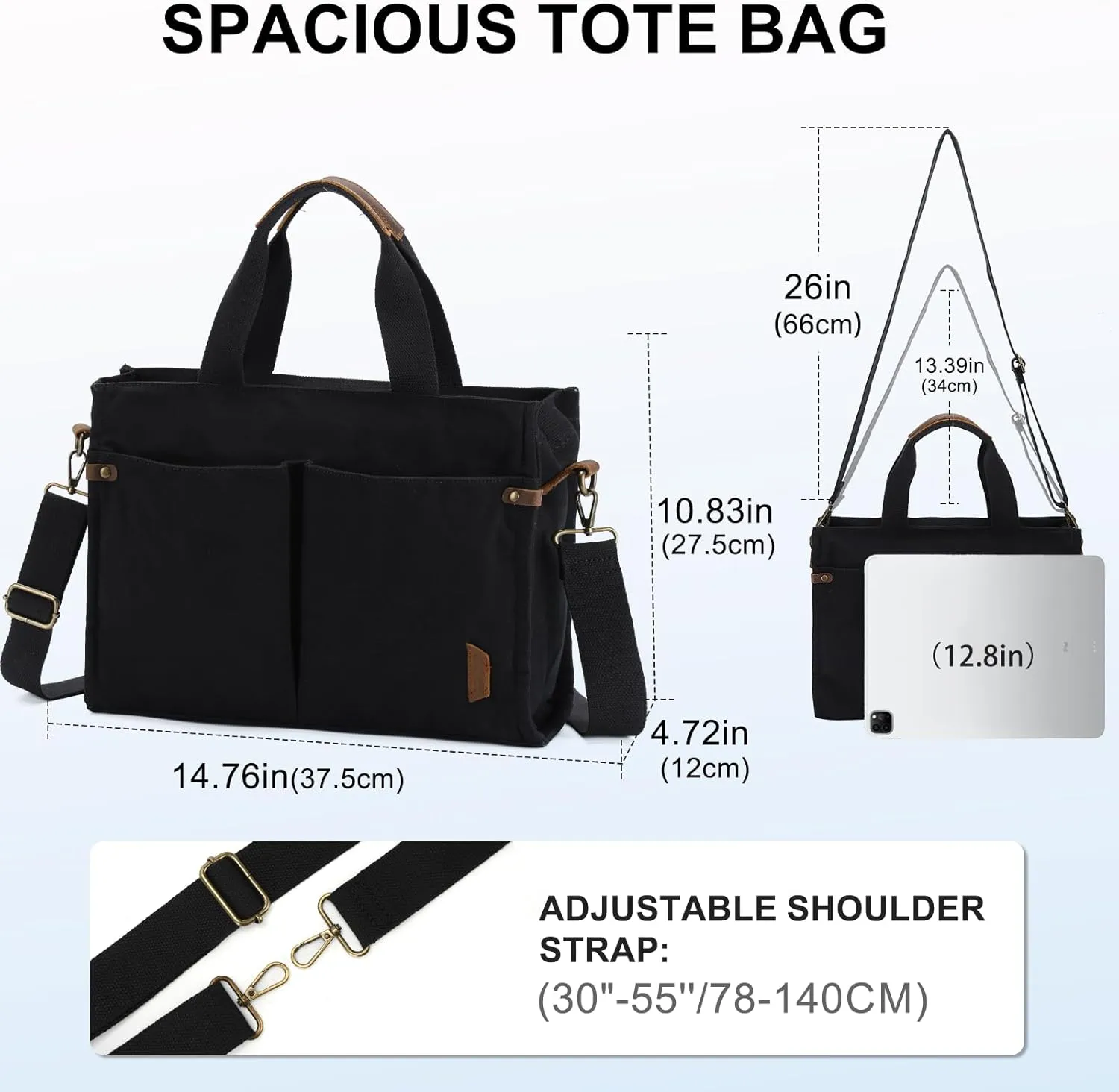 VASCHY Canvas Tote Bag for Women, Casual Sturdy Work Satchel Teachers Tote Purse with Zippers Pockets Crossbody Shoulder Bag