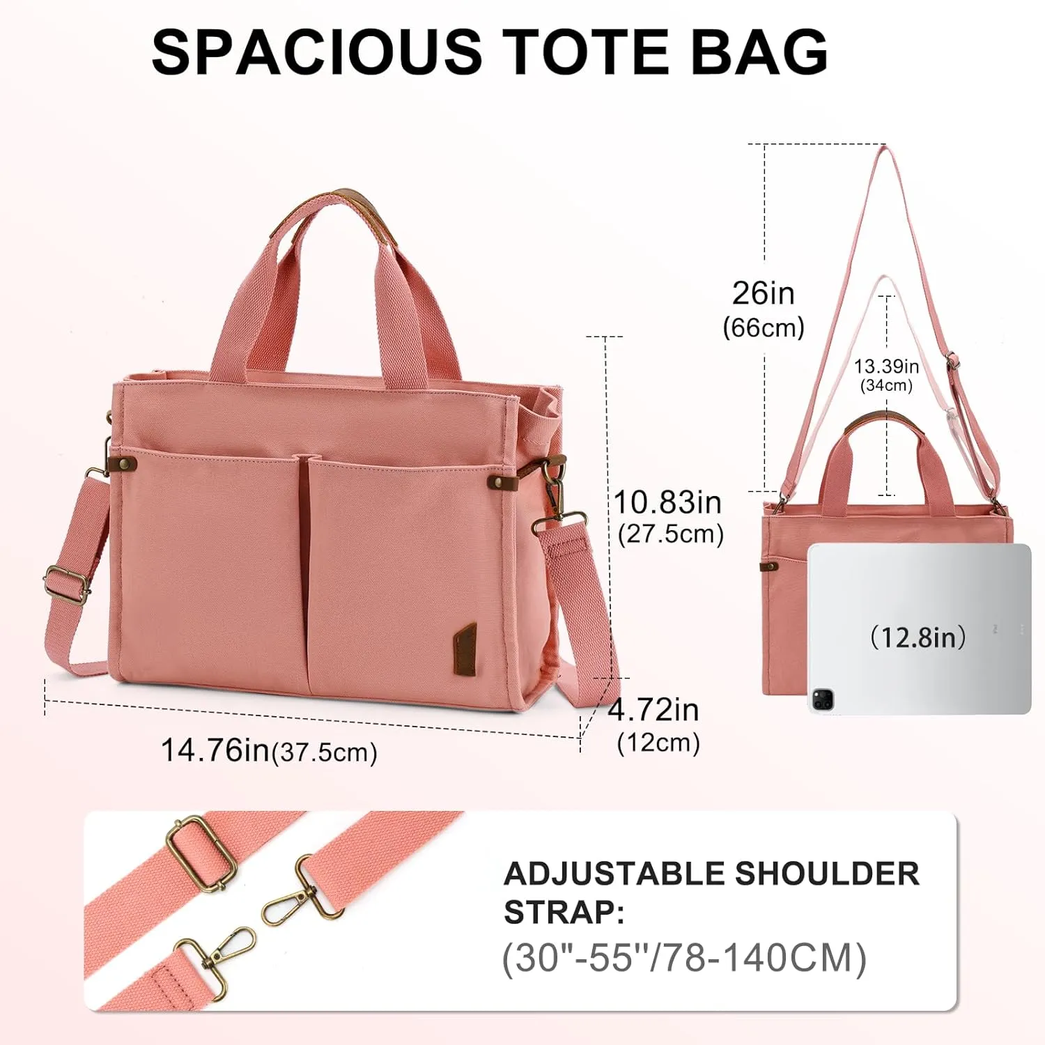 VASCHY Canvas Tote Bag for Women, Casual Sturdy Work Satchel Teachers Tote Purse with Zippers Pockets Crossbody Shoulder Bag