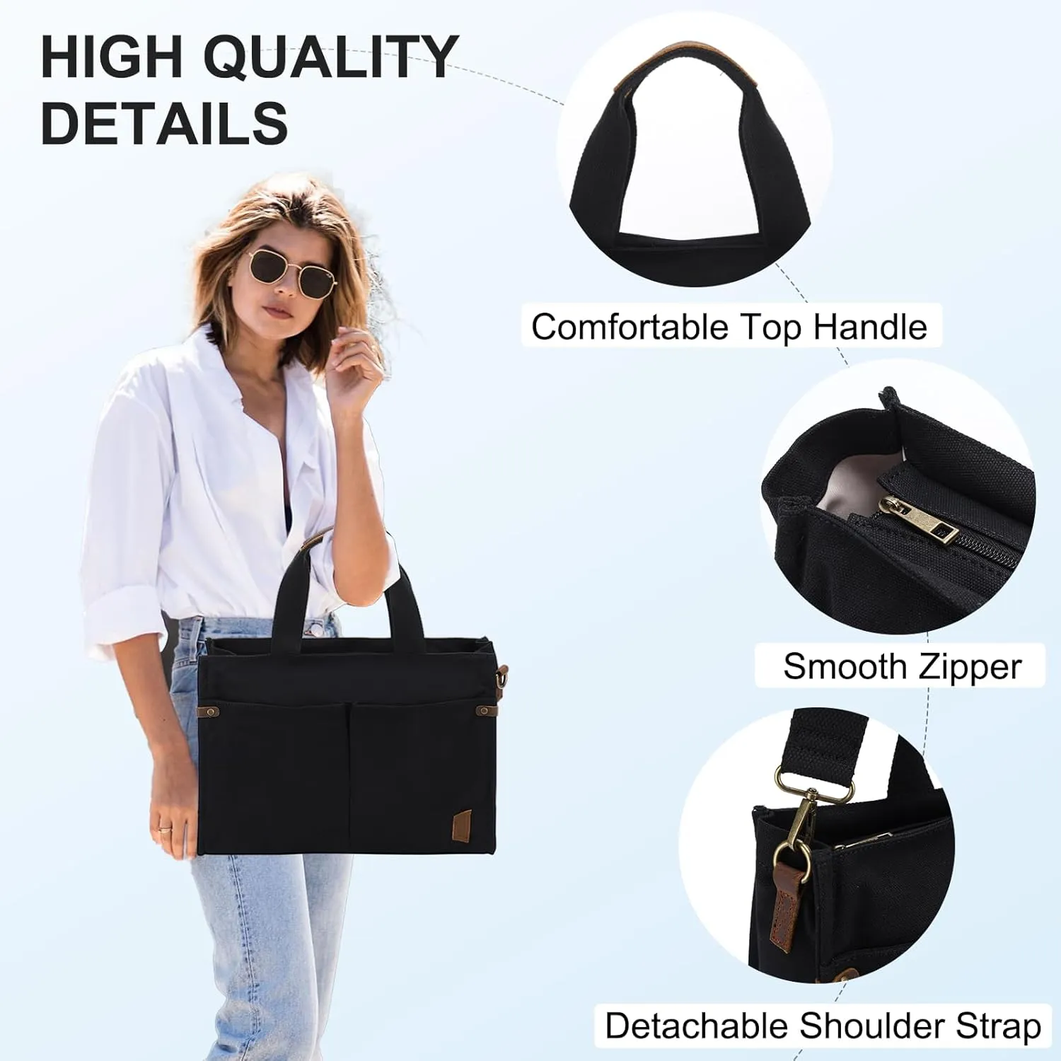 VASCHY Canvas Tote Bag for Women, Casual Sturdy Work Satchel Teachers Tote Purse with Zippers Pockets Crossbody Shoulder Bag