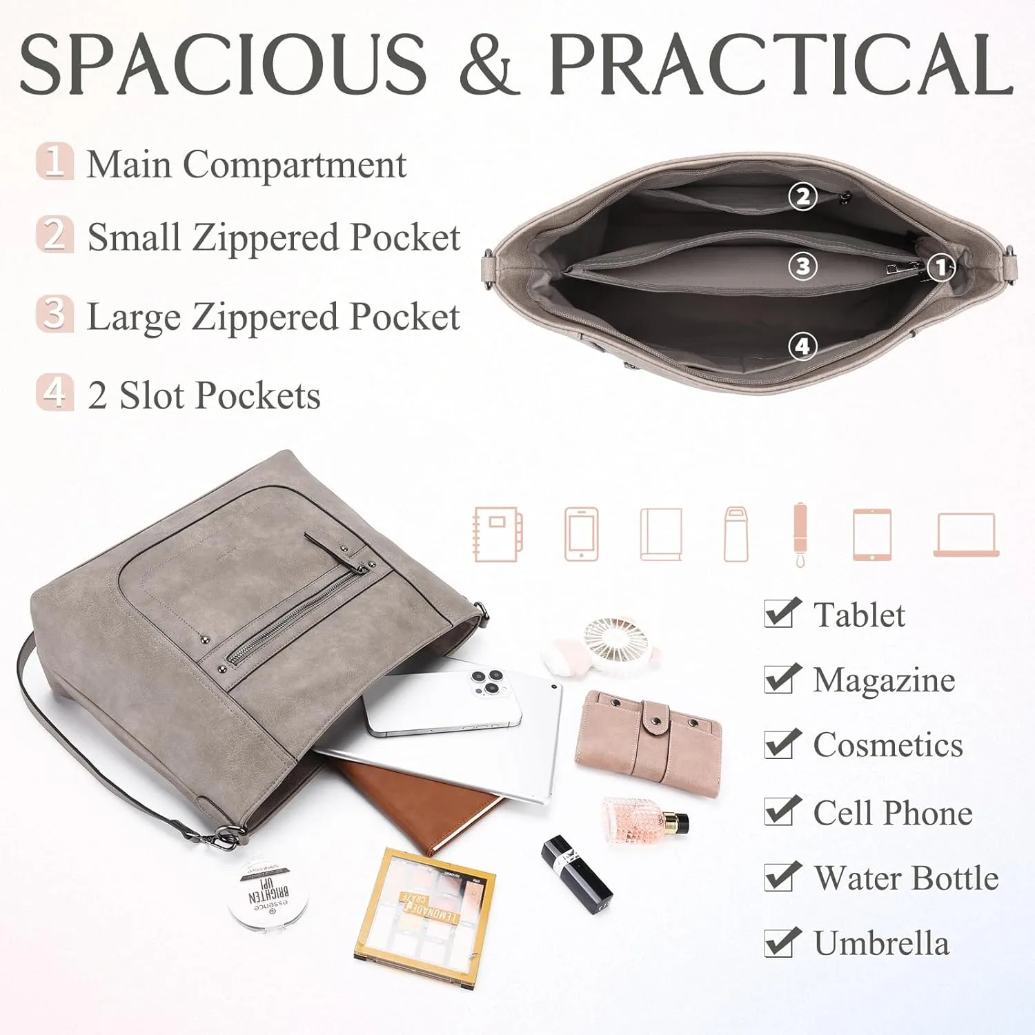 VASCHY Hobo Bags for Women, Vegan Leather Large Handbag Tote Slouchy Shoulder Bag Purse w Convertible Crossbody Strap