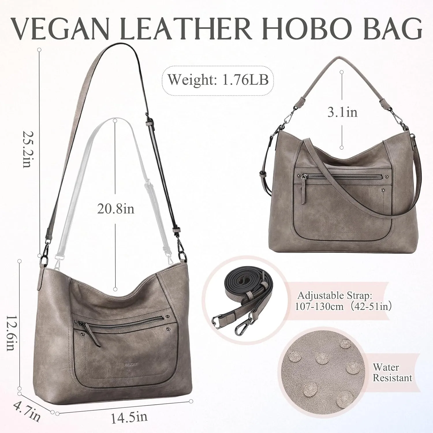 VASCHY Hobo Bags for Women, Vegan Leather Large Handbag Tote Slouchy Shoulder Bag Purse w Convertible Crossbody Strap