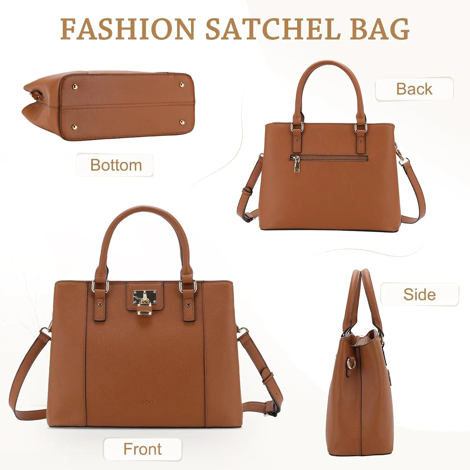 VASCHY Satchel Bag for Women, Trendy Vegan Saffiano Leather Medium Purse Top Handle Handbag Shoulder Tote Crossbody Bag