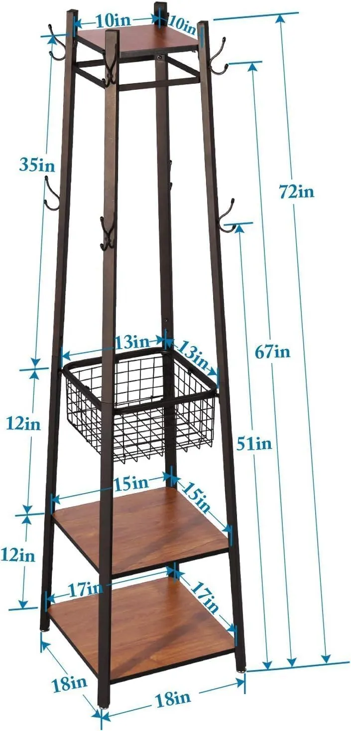 VECELO Coat Rack Freestanding,Hall Tree with Metal Basket and Storage Shelves,Industrial Coat Rack Stand with 8 Hooks for Hanging Coats/Hats/Bags/Umbrellas,18 x 18 x 72 In,Vintage Brown
