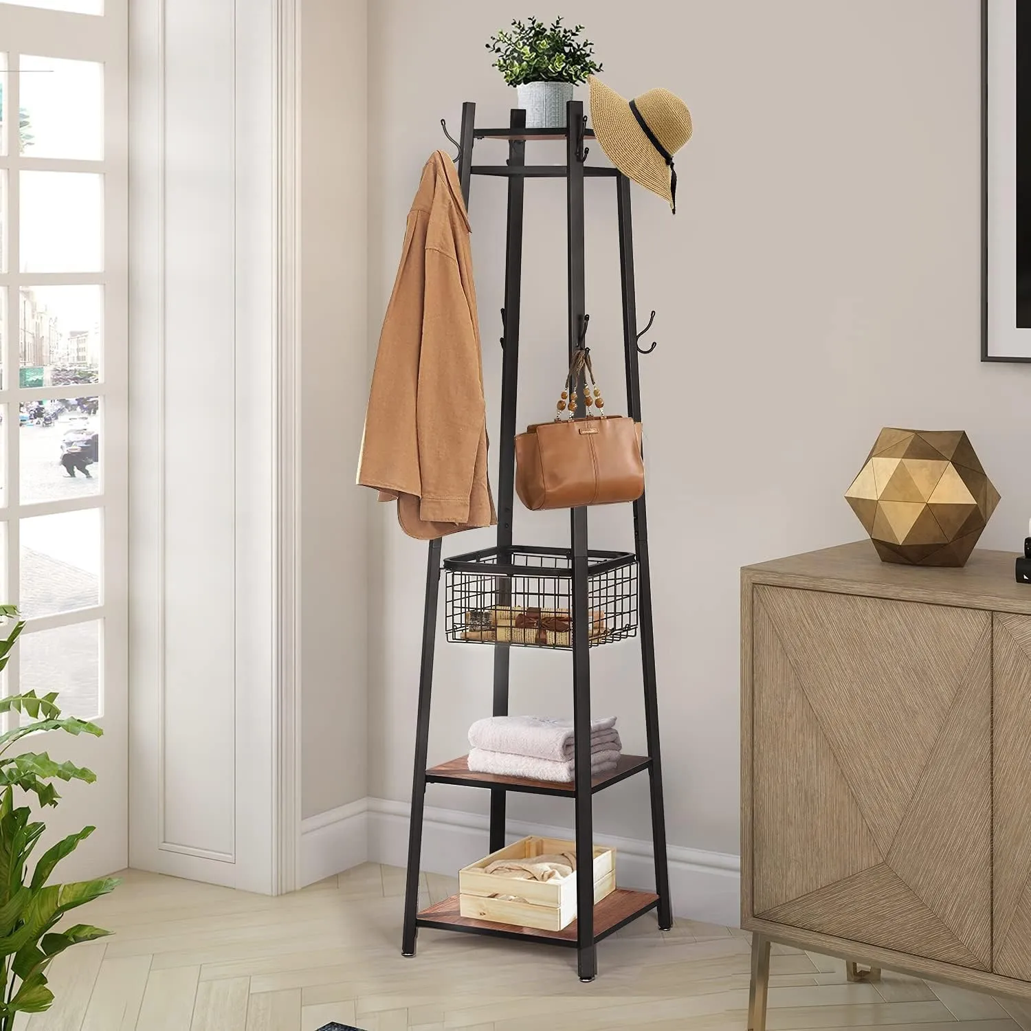 VECELO Coat Rack Freestanding,Hall Tree with Metal Basket and Storage Shelves,Industrial Coat Rack Stand with 8 Hooks for Hanging Coats/Hats/Bags/Umbrellas,18 x 18 x 72 In,Vintage Brown