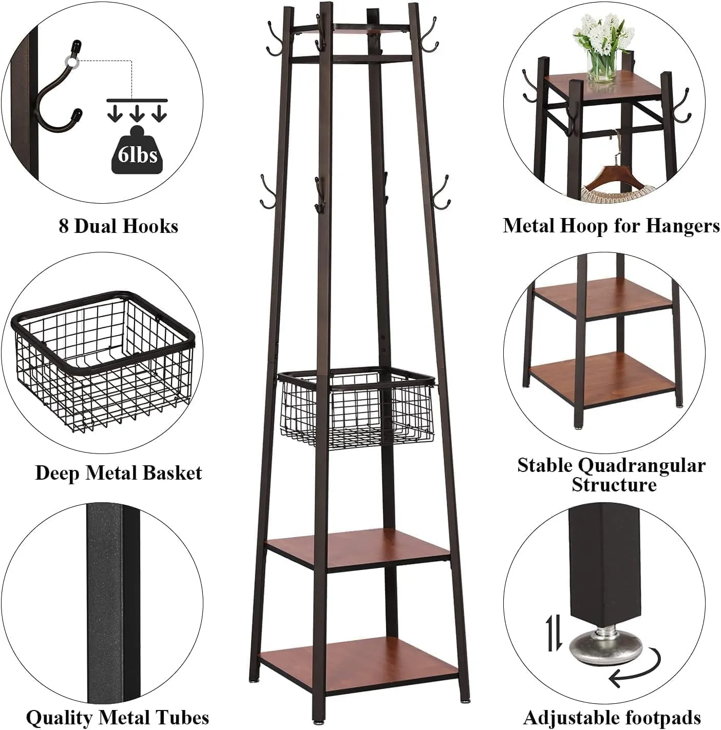 VECELO Coat Rack Freestanding,Hall Tree with Metal Basket and Storage Shelves,Industrial Coat Rack Stand with 8 Hooks for Hanging Coats/Hats/Bags/Umbrellas,18 x 18 x 72 In,Vintage Brown